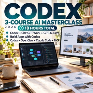 May include: A digital course advertisement titled CODEX 3-COURSE AI MASTERCLASS 2026, 18 HOURS TOTAL. It lists modules: Codex + ChatGPT Work + GPT-6 Astra, Build Apps with Codex, and Codex + OpenClaw + Claude Code + MCP, displayed over a laptop and monitor.