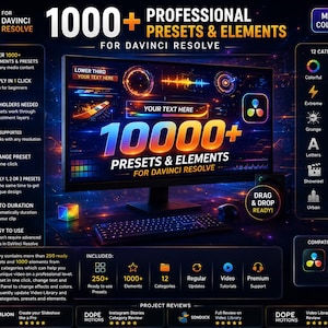 May include: A digital product advertisement for DaVinci Resolve featuring 1000+ professional presets and elements. The display shows a computer monitor with glowing orange and blue graphics, text overlays, and a list of 12 categories including colorful, corporate, extreme, glitch, grunge, ink smudge, letters, modern, showreel, sport, urban, and vintage.