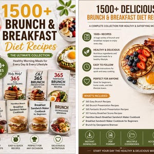 Puede incluir: Imagen promocional de un libro de cocina titulado "1500+ Recetas de Brunch y Desayuno Dietéticos". La portada presenta imágenes de panqueques, huevos y tocino. El libro promete comidas matutinas saludables con más de 1500 recetas.
