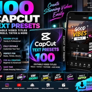 100 CapCut Text Presets, Editable Video Titles, Reels, TikTok Effects (Digital Download)