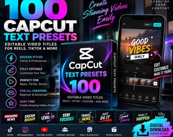 100 CapCut Text Presets | Editable Video Titles, Effects for TikTok (Digital Download)