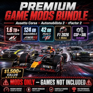 Op de afbeelding: Een promotieafbeelding voor een premium game mods-bundel, met raceauto's en game-logo's. De tekst bevat "PREMIUM GAME MODS BUNDLE" en details voor Assetto Corsa, Automobilista 2 en rFactor 2. De afbeelding benadrukt ook de waarde van de bundel.
