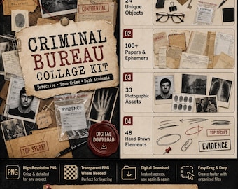 Criminal Bureau Collage Kit PNG Bundle, Detective Ephemera Pack, True Crime Scrapbook, Dark Academia Journaling Kit