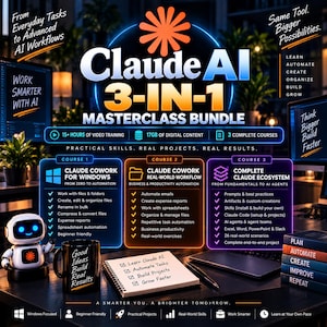 May include: A digital Claude AI 3-in-1 masterclass bundle graphic featuring three course modules, a small white robot figurine, a black mug with text, and a notebook with a checklist. The text includes course details, workflow steps, and icons.