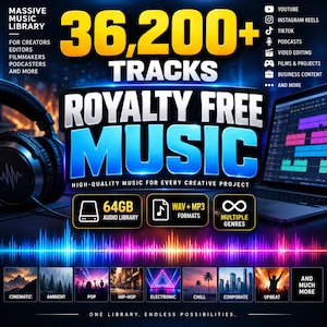 Peut inclure: Un graphique numérique faisant la promotion de 36 200+ pistes musicales libres de droits. Le texte inclut "Massive Music Library", "Royalty Free Music", "64GB Audio Library", "WAV+MP3 Formats" et "Multiple Genres". Avec casque, ordinateur et onde sonore.