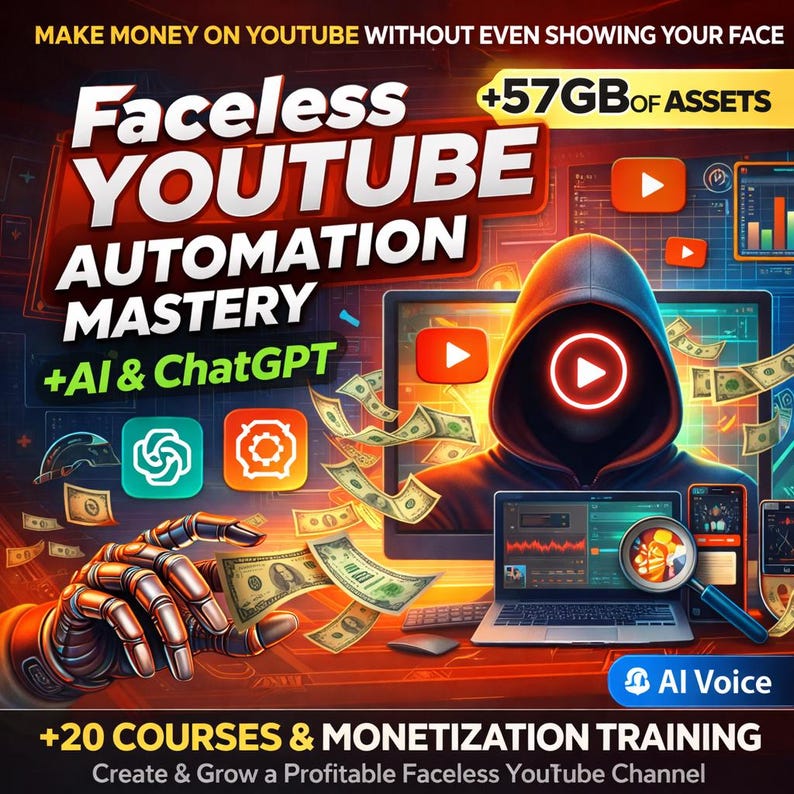 May include: A promotional graphic for a YouTube automation course. The image features the text "Faceless YouTube Automation Mastery" with "+AI & ChatGPT." It includes icons, a hooded figure, money, and the text "+20 Courses & Monetization Training."