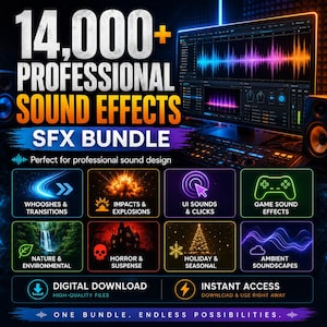 May include: A digital product advertisement for 14,000+ Professional Sound Effects SFX Bundle. The graphic displays a computer monitor showing audio waveforms, with eight categorized icons for sound types including impacts, UI, and ambient.