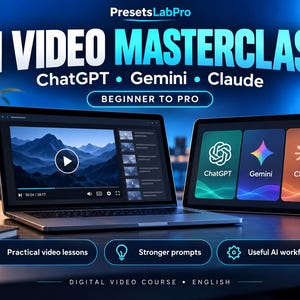 Puede incluir: Un curso de video digital titulado AI VIDEO MASTERCLASS que presenta ChatGPT, Gemini y Claude. La pantalla muestra una computadora portátil con un reproductor de video y una tableta con logotipos de IA. El texto incluye BEGINNER TO PRO, Practical video lessons, Stronger prompts y Useful AI workflows.