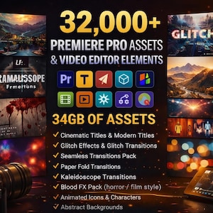 34GB Premiere Pro Assets – Cinematic Titles, Glitch Transitions, SFX, Overlays