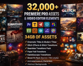 34GB Premiere Pro Dateien - Filmtitel, Glitch-Übergänge, SFX, Overlays