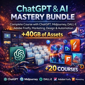 May include: Digital graphic promoting a "ChatGPT & AI Mastery Bundle" course. The image features a futuristic design with text, icons, and a laptop. The course includes ChatGPT, Midjourney, DALL-E, Adobe Firefly, Marketing, Design & Automation, and over 40GB of assets, with +20 courses.