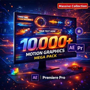 Puede incluir: Un monitor de ordenador muestra un anuncio de "10.000+ Motion Graphics Mega Pack". La pantalla muestra varios elementos gráficos, texto animado y efectos visuales. También se ve el texto "Massive Collection" y "AE Pr".