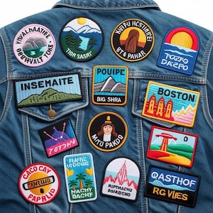 Może przedstawiać: Jeansowa kurtka ozdobiona różnymi haftowanymi naszywkami. Naszywki przedstawiają krajobrazy, pejzaże miejskie i tekst, w tym "BOSTON", "INSEMAITE" i "QASTHOF". Naszywki mają różne kształty i kolory, dodając kurtce unikalnego, spersonalizowanego charakteru.