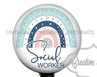 May include: A white badge reel with a blue and pink rainbow design and the text "Social Worker".