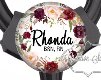Stethoscope ID Tag, Personalized Burgundy Watercolor Flowers, Fits All Stethoscopes at the Yoke, Nurse Steth ID Tag, Nurse Badge