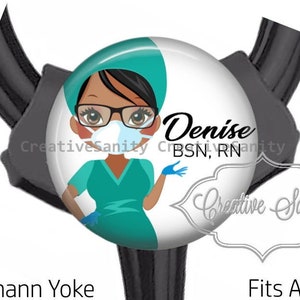 Cartoon Nurse with PPE , African American Nurse, Choice of Skin Tone/Hair Color,  Fits All Stethoscopes at the Yoke, Stethoscope ID Tag