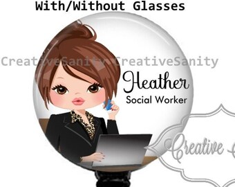 Cartoon Business Woman, Admin Assistant, Office Manager, Any Job Title, Swappable Topper, Retractable Badge Reel, Carabiner, Lanyard