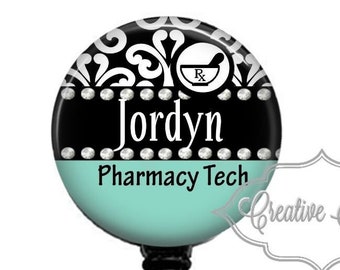 Pharmacy Tech Badge Holder, Pharmacist Badge, Pharmacy Badge, Nurse Badge, Retractable Badge Reel, Carabiner, Lanyard
