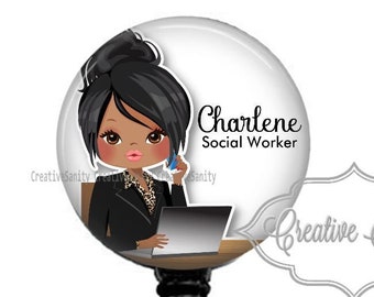 Cartoon African American Woman, Social Worker, Admin Assistant, Office Manager, Retractable Badge Reel, Carabiner, Lanyard