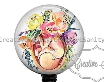 Labor & Delivery, Watercolor Floral Fetus, NICU Nurse Badge, Ob/GYN Nurse Badge, Retractable Badge Reel, Carabiner, Lanyard