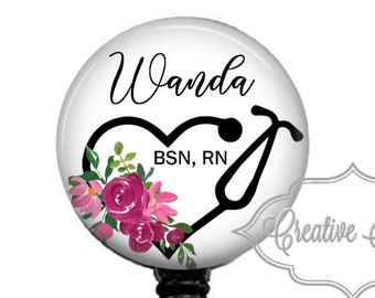 Red Floral Stethoscope Heart, Watercolor Floral, Nurse Badge, Retractable Badge Reel, Carabiner, Lanyard, Stethoscope ID Tag