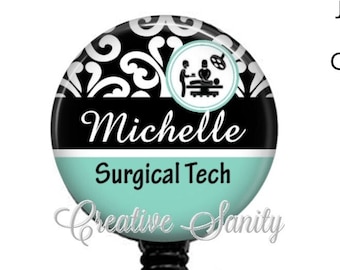 Surgical Tech Badge Reel, Black Damask OR Nurse Badge, Nurse Badge, Retractable Badge Reel, Carabiner, Lanyard