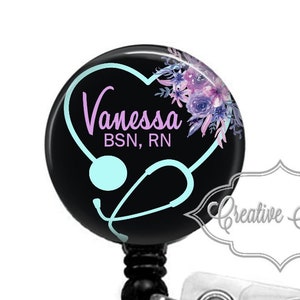 Floral Heart Stethoscope Badge, Purple Flower Badge, Nurse Badge, Retractable Badge Reel, Carabiner, Lanyard, Littmann Steth ID
