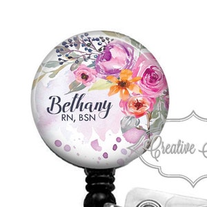 Purple Watercolor Rose Badge, Watercolor Flowers Badge, Nurse Badge, Retractable Badge Reel, Carabiner, Lanyard