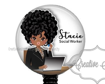 Social Worker Badge, Cartoon African American, Business Woman, Can Be Any Job Title, Retractable Badge Reel, Carabiner, Lanyard