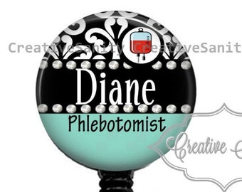 Phlebotomist Badge Reel, Phlebotomy Black Damask, Phlebotomy, Nurse Badge, Retractable Badge Reel, Carabiner, Lanyard