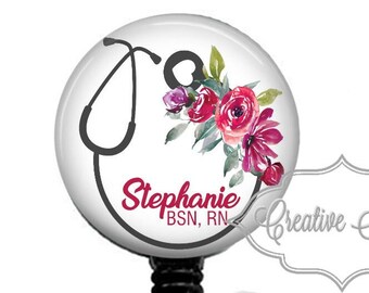 Red Floral Stethoscope Badge, Floral Stethoscope, Nurse Badge, Retractable Badge Reel, Carabiner, Lanyard