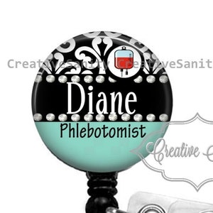 Phlebotomist Badge Reel, Phlebotomy Black Damask, Phlebotomy, Nurse Badge, Retractable Badge Reel, Carabiner, Lanyard