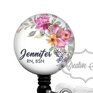 Personalized Watercolor Rose Badge Reel, Nurse Badge Choice of Badge Reel, Carabiner, Lanyard, Retractable Badge Reel