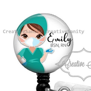 Cartoon Nurse Badge Reel, Nurse W/ PPE, Skin Tone/Hair Color Choice, Retractable Badge Reel, Carabiner, Lanyard, Steth ID