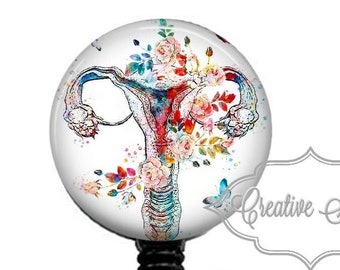 Floral Uterus Ovaries, OBGYN Badge, Nurse Badge Holder, Retractable Badge Reel, Carabiner, Lanyard, Stethoscope