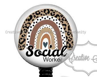 Rainbow Social Worker Badge Reel, Social Worker Leopard Rainbow, Social Worker, Retractable Badge Reel, Carabiner, Lanyard