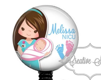 NICU Nurse, Retractable Badge Reel, Cartoon Nurse, L&D, PICU, Nurse, Retractable Badge Reel, Carabiner, Lanyard, Stethoscope ID Tag