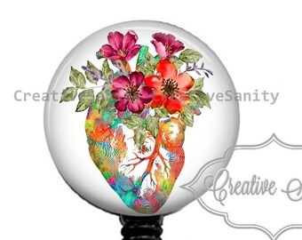 Cardiac Nurse Badge, Summer Flowers Anatomical Heart, Cardio Tech, Retractable Badge Reel, Carabiner, Lanyard, Stethoscope