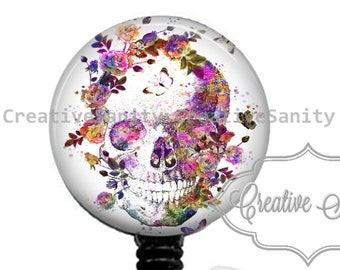 Floral Skull Badge, Neurology Badge, Anatomical Skull, Nurse Badge Reel, Retractable Badge Reel, Carabiner, Lanyard, Stethoscope