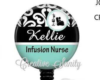 Infusion Nurse, Black Damask Oncology Nurse, Nurse Badge, Retractable Badge Reel, Carabiner, Lanyard