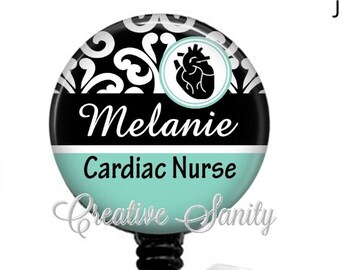 Cardiac Nurse Black Damask, Cardio Nurse Badge, Retractable Badge Reel, Carabiner, Lanyard, Stethoscope ID Tag
