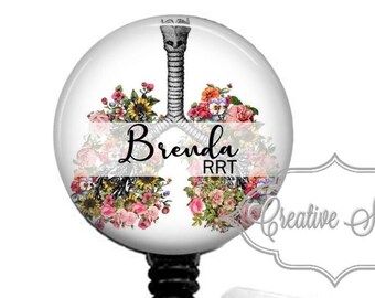RRT Retractable Badge Reel, Personalized Floral Lungs, Respiratory, Pulmonary,  Carabiner, Lanyard, Stethoscope Id Tag