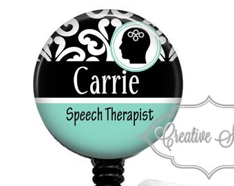 Speech Therapist Badge, Speech Pathologist Badge, Nurse Badge,  Retractable Badge Reel, Carabiner, Lanyard