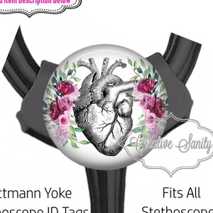 Stethoscope ID Tag, Heart with Flowers, Cardio Tech, Cardiologist, Nurse Badge, Fits All Stethoscopes at the Yoke, Nurse Badge