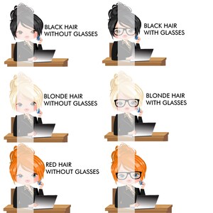 May include: Six illustrations of women with different hair colors and glasses. The women are wearing black suits and sitting at desks with laptops. The text above each image describes the hair color and whether or not the woman is wearing glasses.