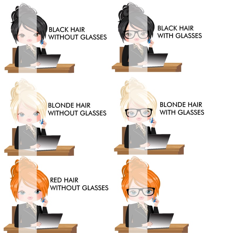 May include: Six illustrations of women with different hair colors and glasses. The women are wearing black suits and sitting at desks with laptops. The text above each image describes the hair color and whether or not the woman is wearing glasses.