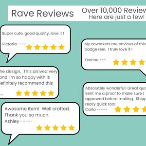 May include: A collage of customer reviews for a product, featuring five-star ratings and positive comments. The reviews highlight the quality, design, and speed of delivery. The text includes "Rave Reviews", "Over 10,000 Reviews", "Here are just a few!" and customer names like "Victoria", "Joy", "Ashley", "Yvonne", and "Carla".