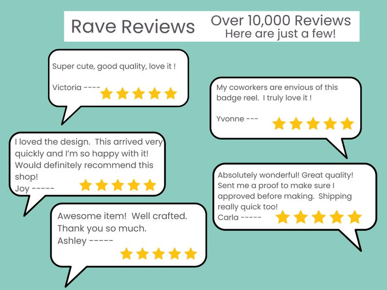 May include: A collage of customer reviews for a product, featuring five-star ratings and positive comments. The reviews highlight the quality, design, and speed of delivery. The text includes "Rave Reviews", "Over 10,000 Reviews", "Here are just a few!" and customer names like "Victoria", "Joy", "Ashley", "Yvonne", and "Carla".