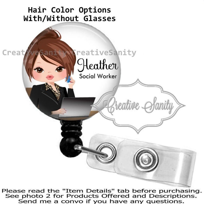 May include: A cartoon illustration of a woman with brown hair, wearing a black blazer and leopard print blouse, sitting at a desk with a laptop. The image is on a white background with the text "Creative Sanity" and "Heather Social Worker".