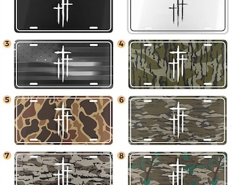 Christian Three Cross Camo License Plate, Aluminum Vanity Tag
